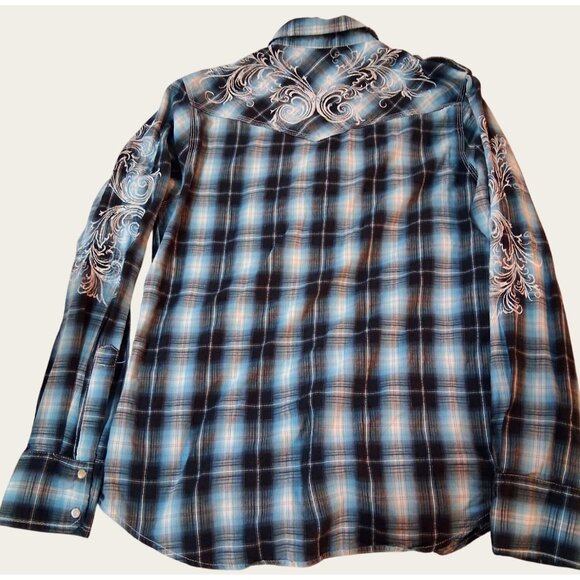 Men’s Western Plaid Long Sleeve Snap Button Shirt Medium Embroidered - Picture 9 of 12